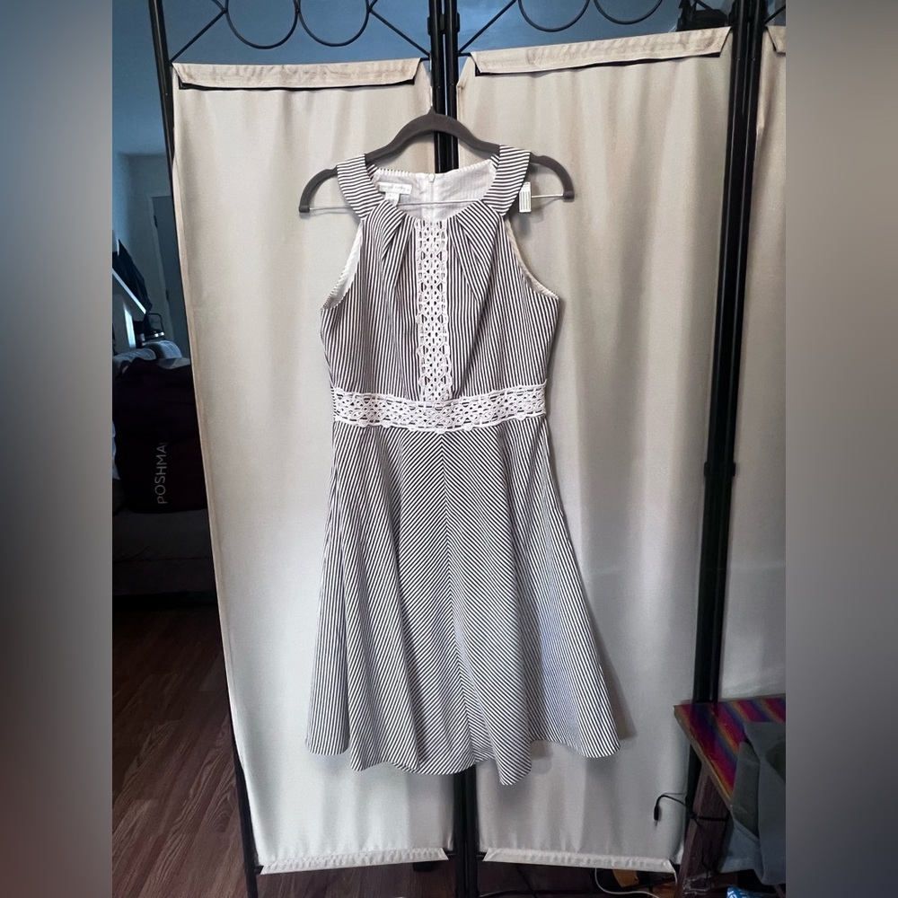 London Times Monochrome Striped Midi Dress